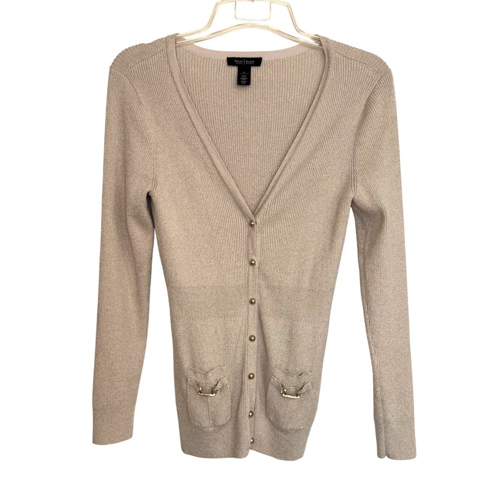 White House Black Market Cardigan Women M Gold Rayon Metallic Knit Horsebit Chic